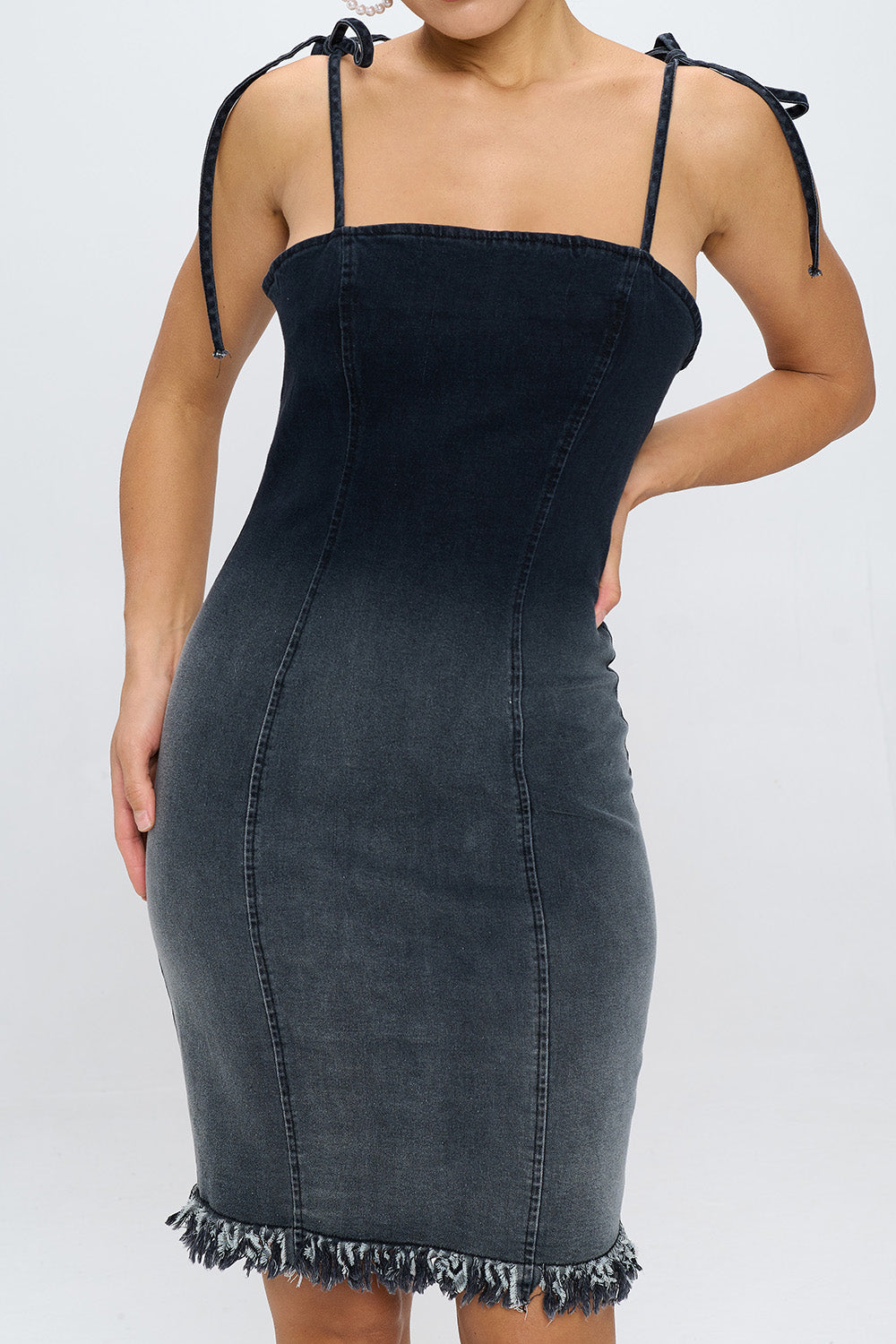 OMBRE FRAYED TIE-STRAP DENIM DRESS