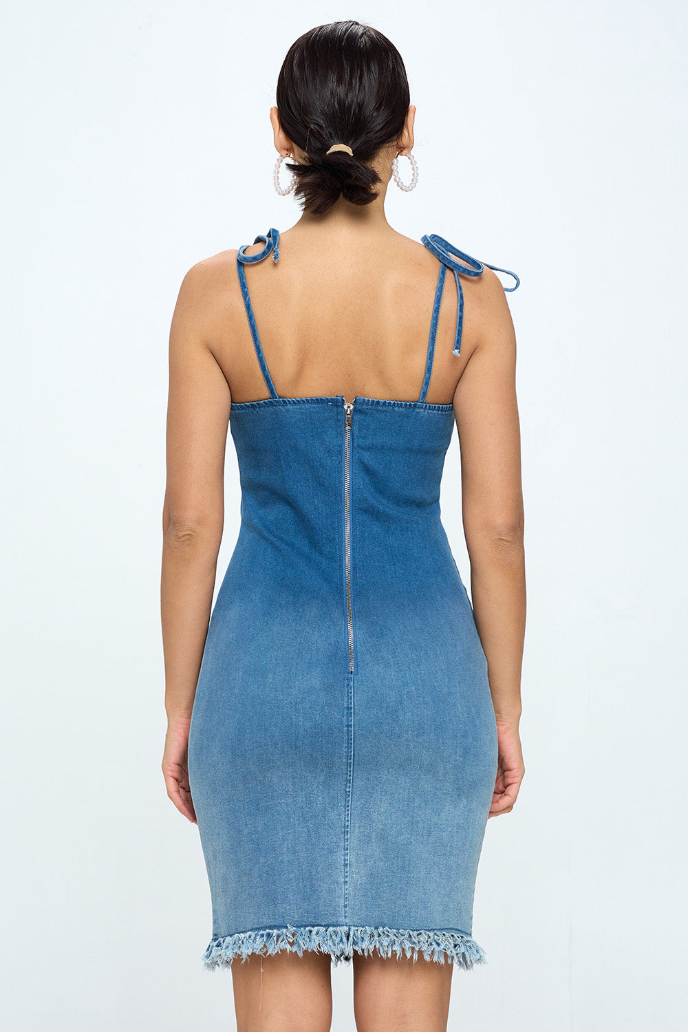 OMBRE FRAYED TIE-STRAP DENIM DRESS