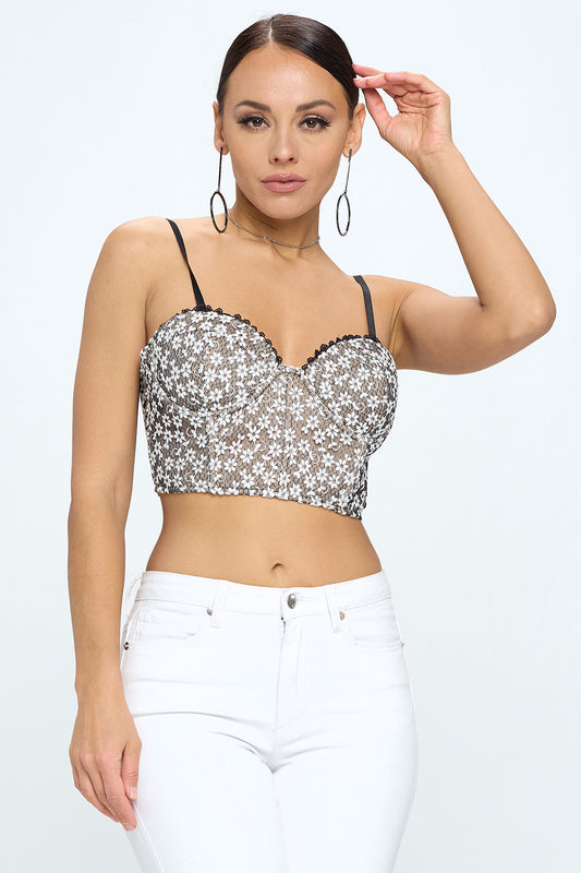 FLORAL EMBROIDERY LACE BUSTIER CROP TOP