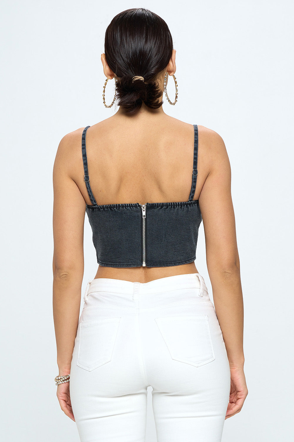 DENIM PADDED ZIPPER BACK CROP TOP