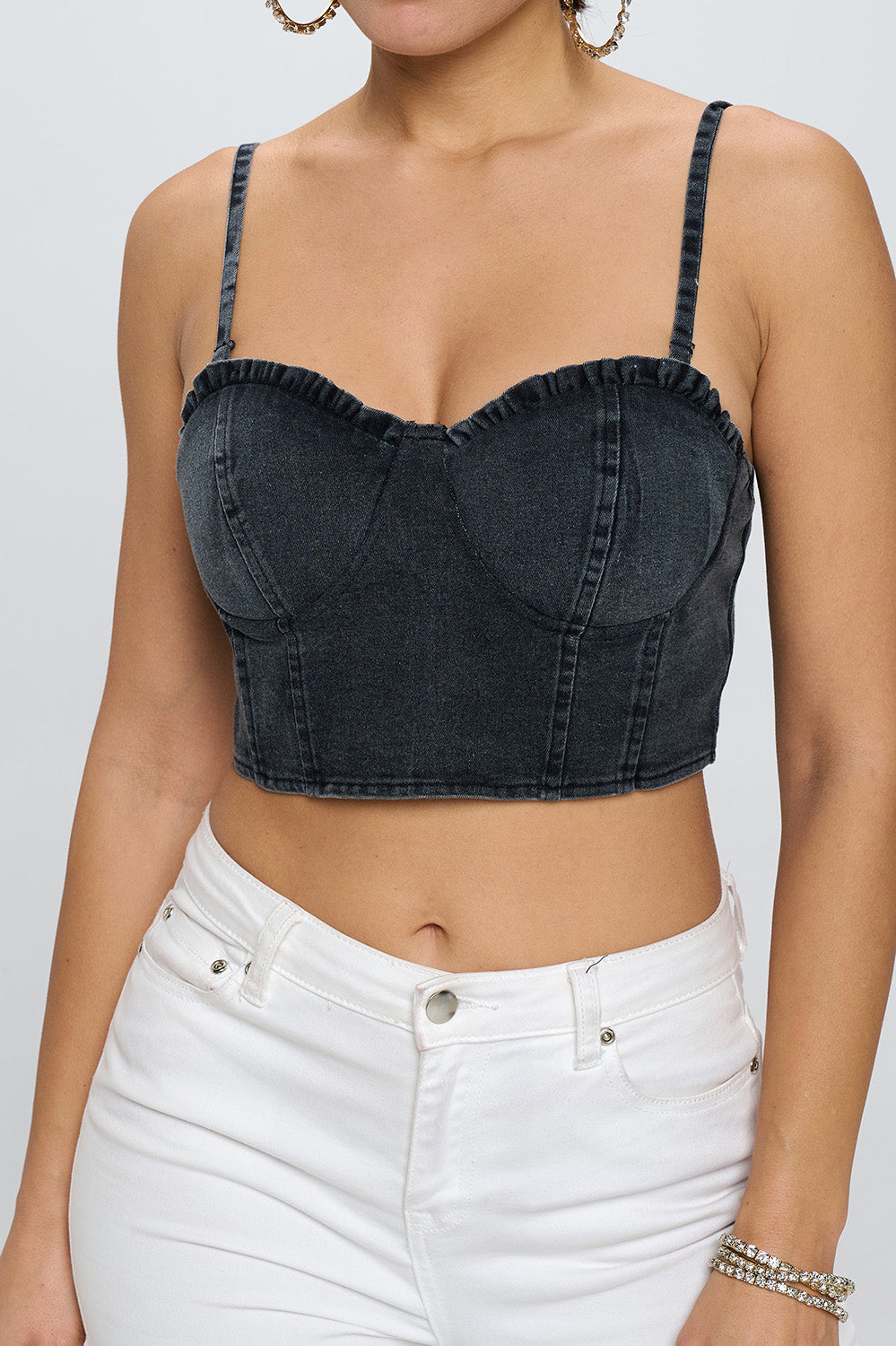 DENIM PADDED ZIPPER BACK CROP TOP