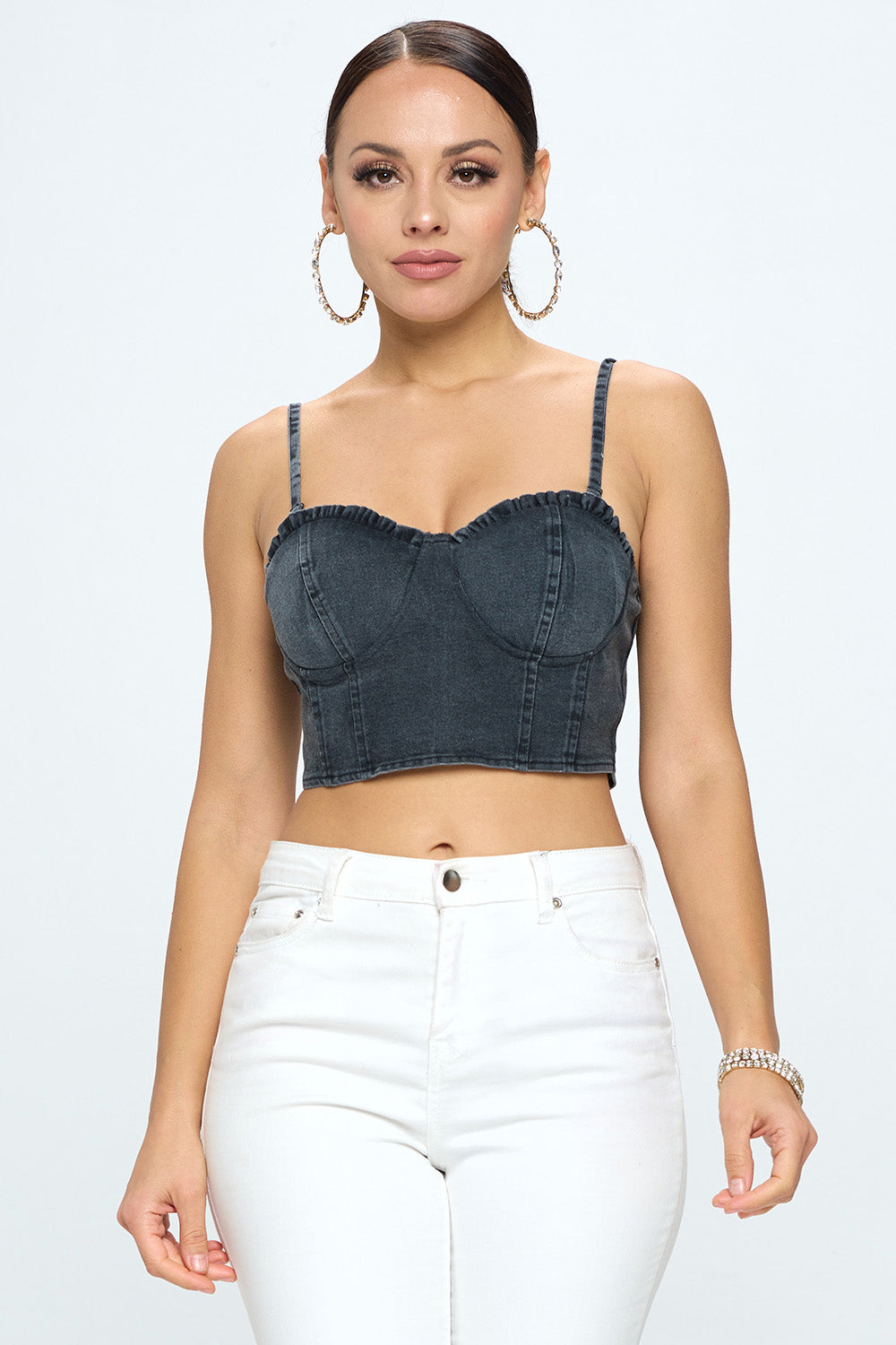 DENIM PADDED ZIPPER BACK CROP TOP