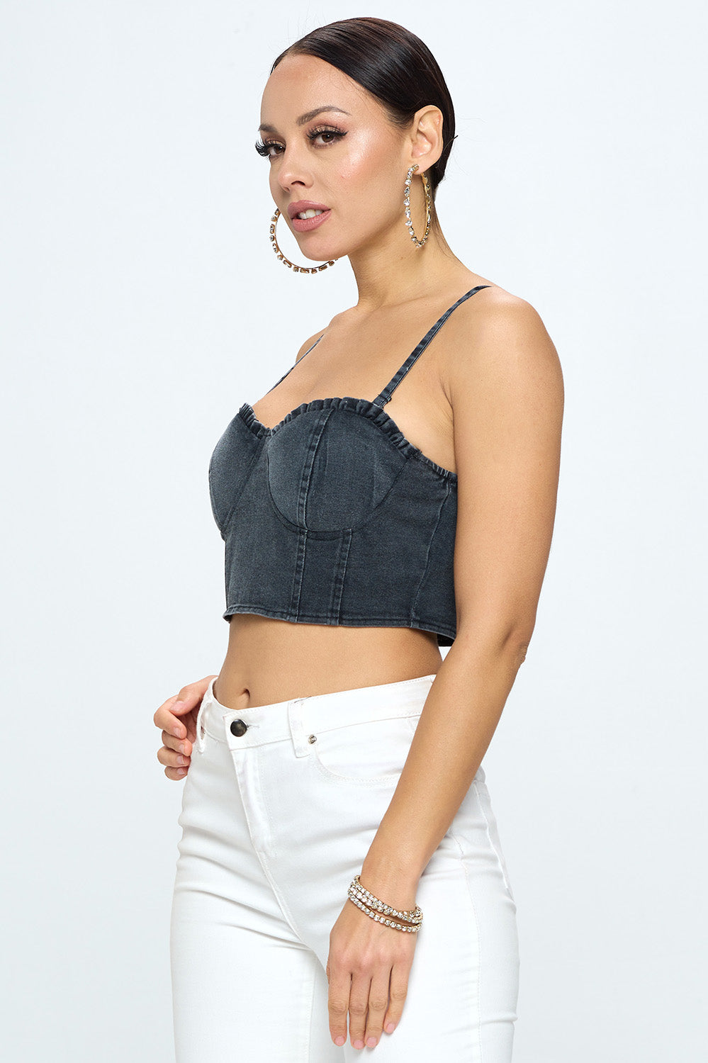 DENIM PADDED ZIPPER BACK CROP TOP