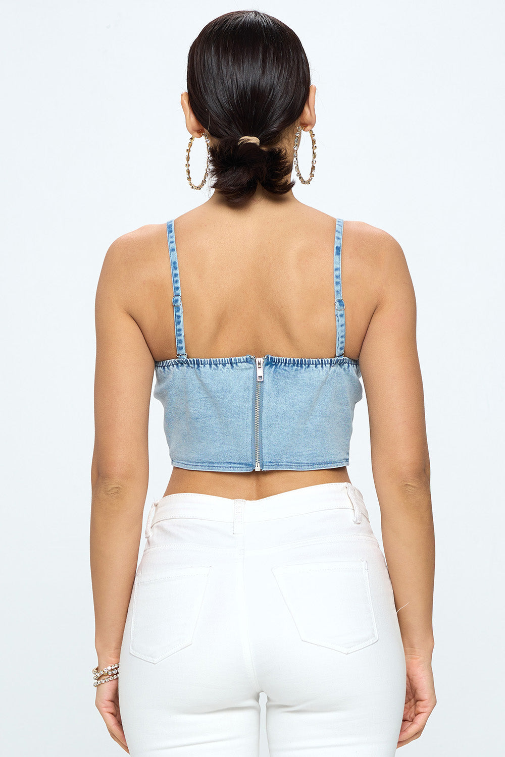 DENIM PADDED ZIPPER BACK CROP TOP