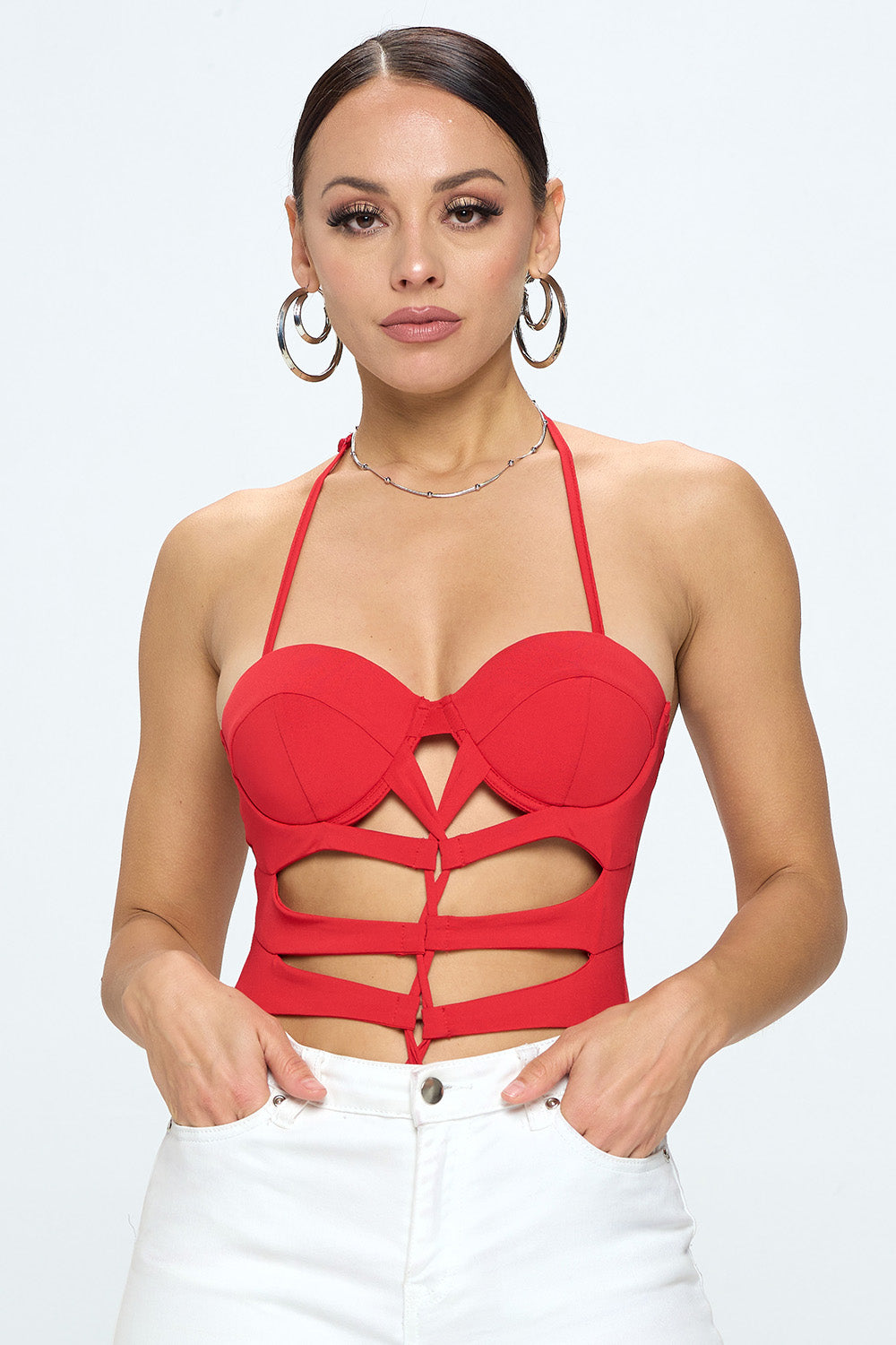 CUT OUT CAGED FRONT HALTER NECK BODYSUIT