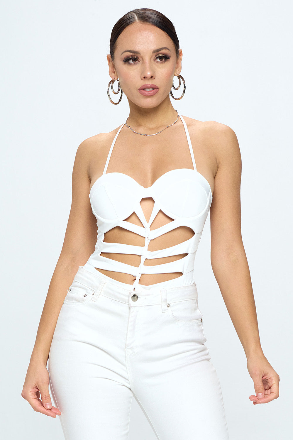 CUT OUT CAGED FRONT HALTER NECK BODYSUIT