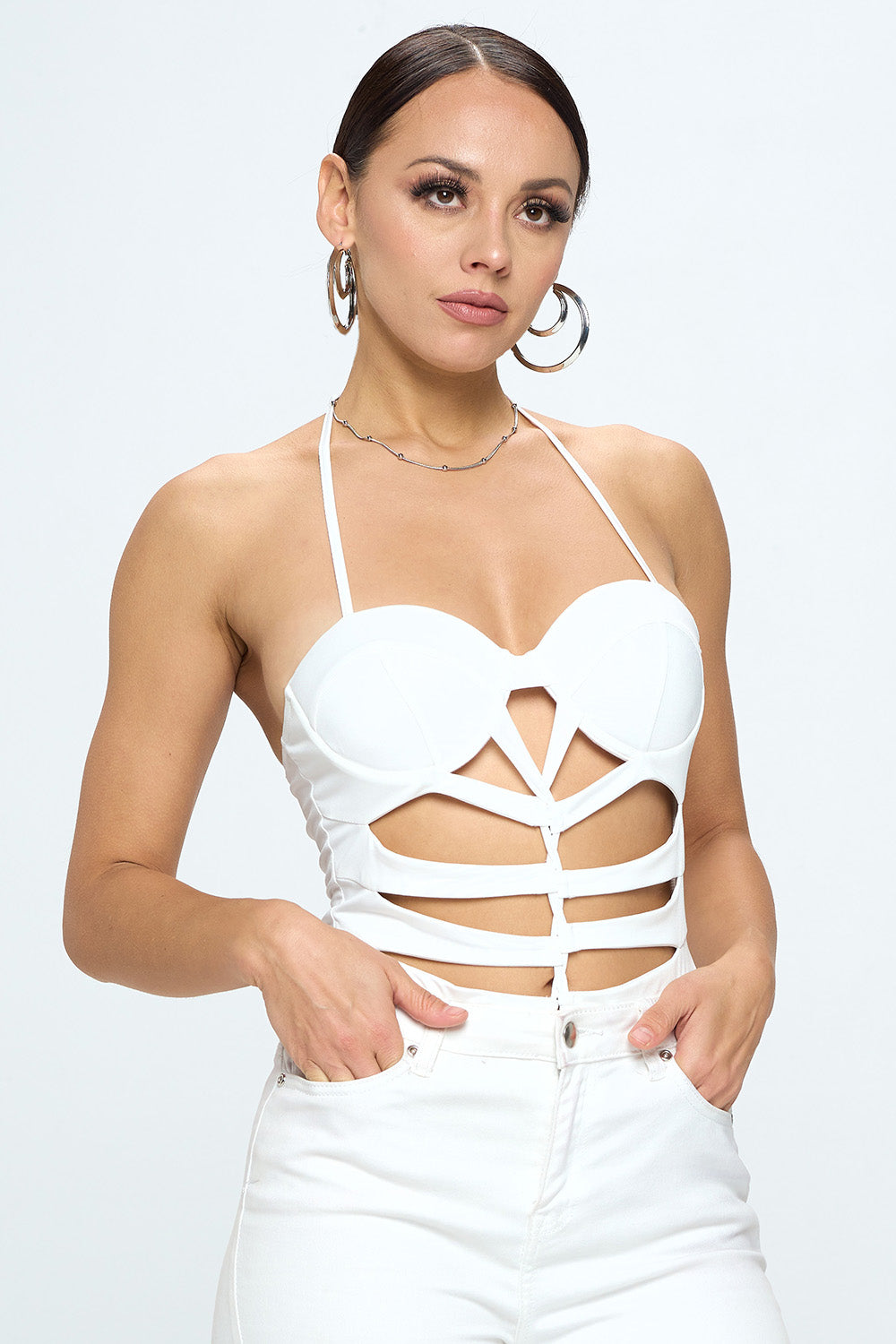 CUT OUT CAGED FRONT HALTER NECK BODYSUIT