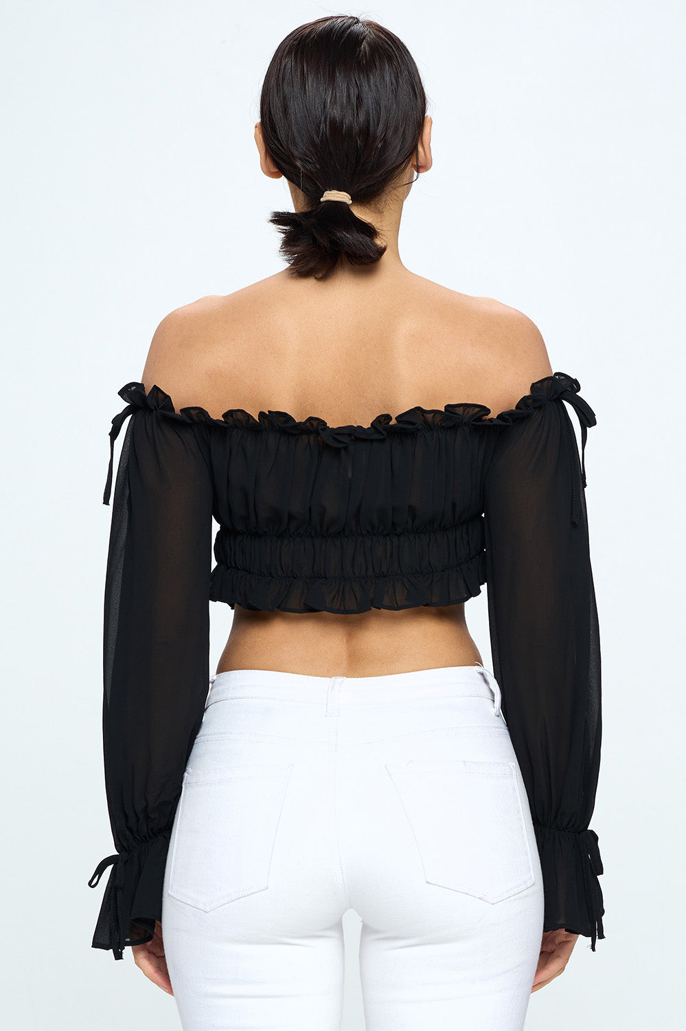 OFF SHOULDER RUFFLE TRIM KNOT SLEEVE CROP TOP