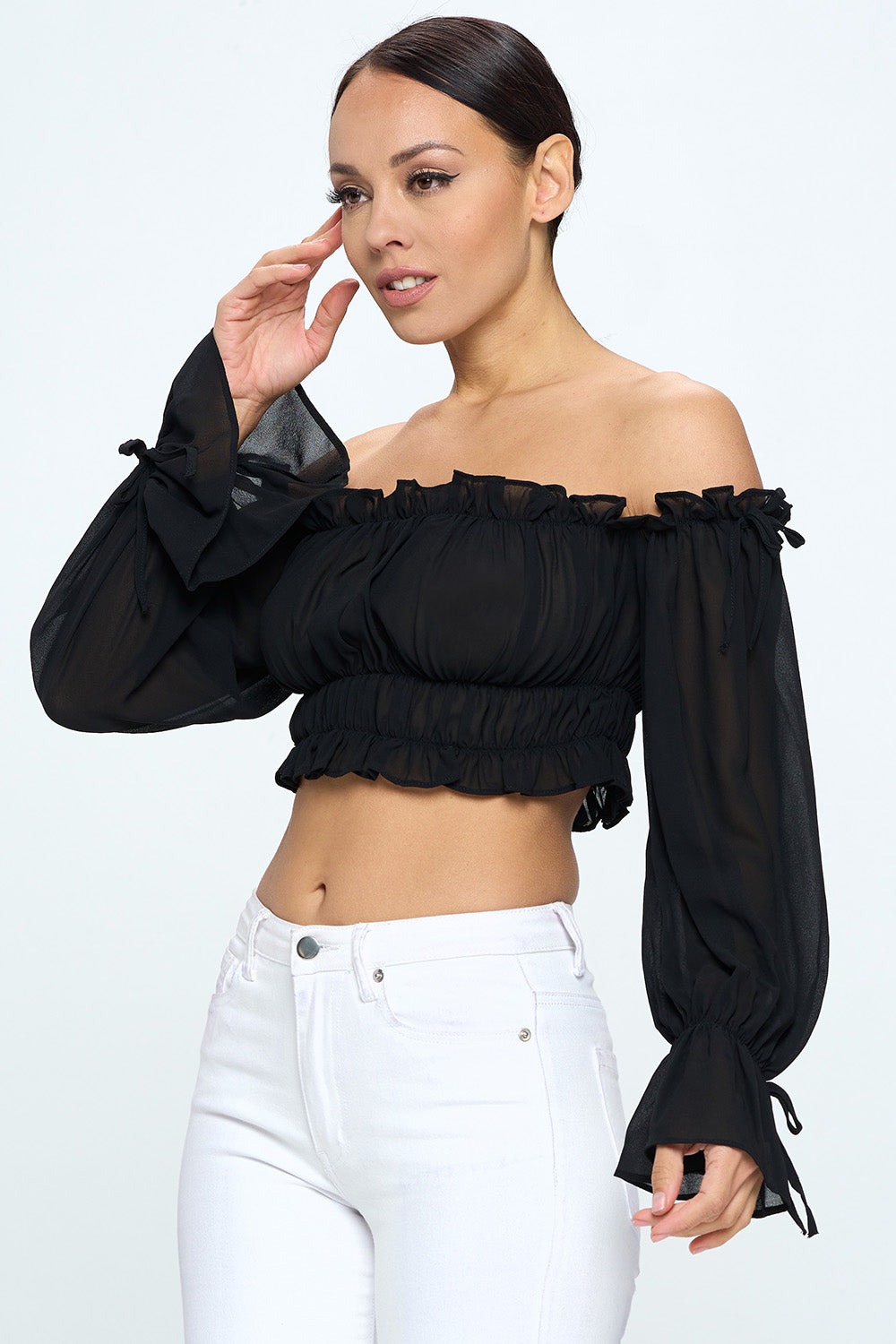 OFF SHOULDER RUFFLE TRIM KNOT SLEEVE CROP TOP