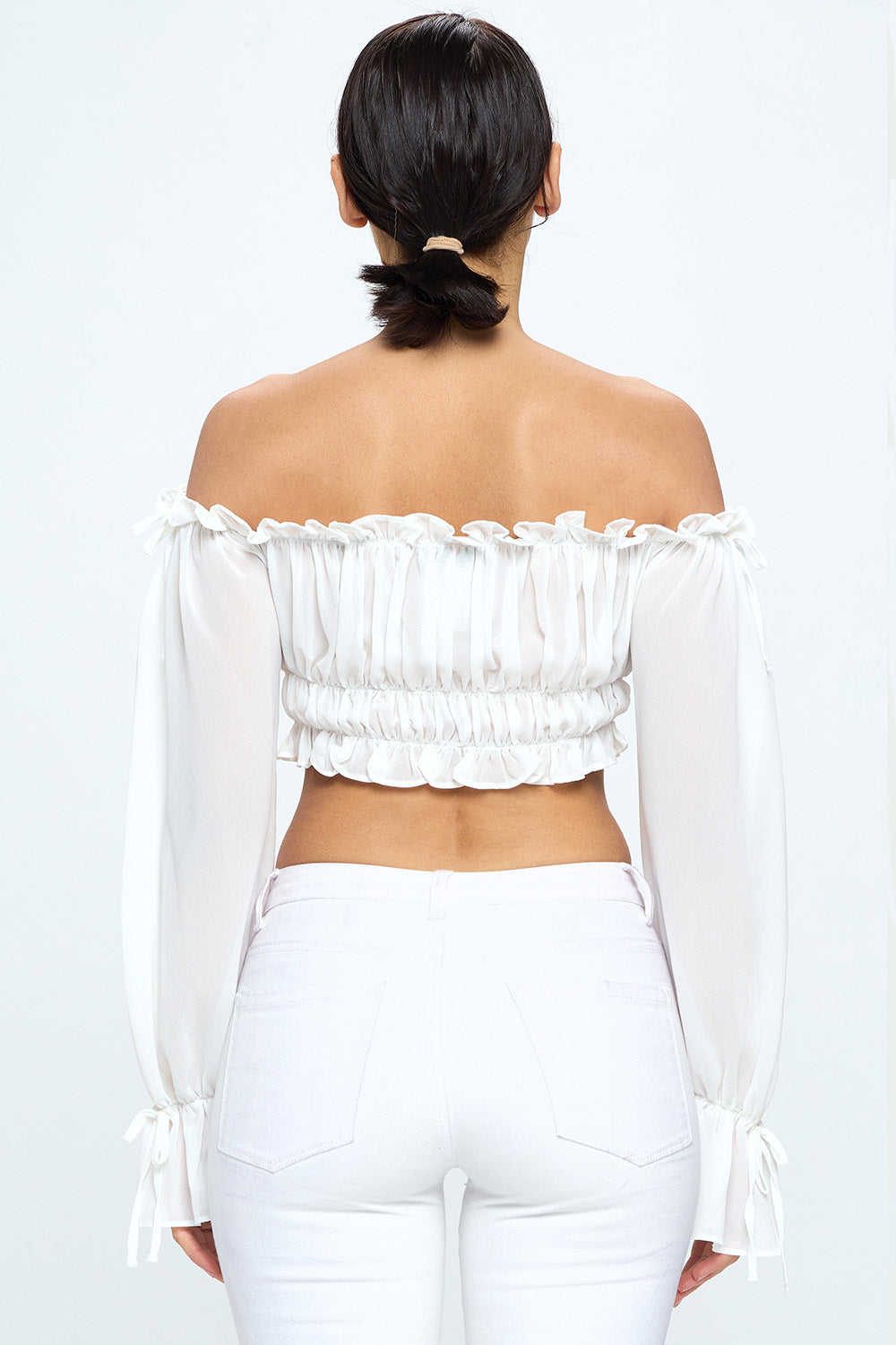 OFF SHOULDER RUFFLE TRIM KNOT SLEEVE CROP TOP