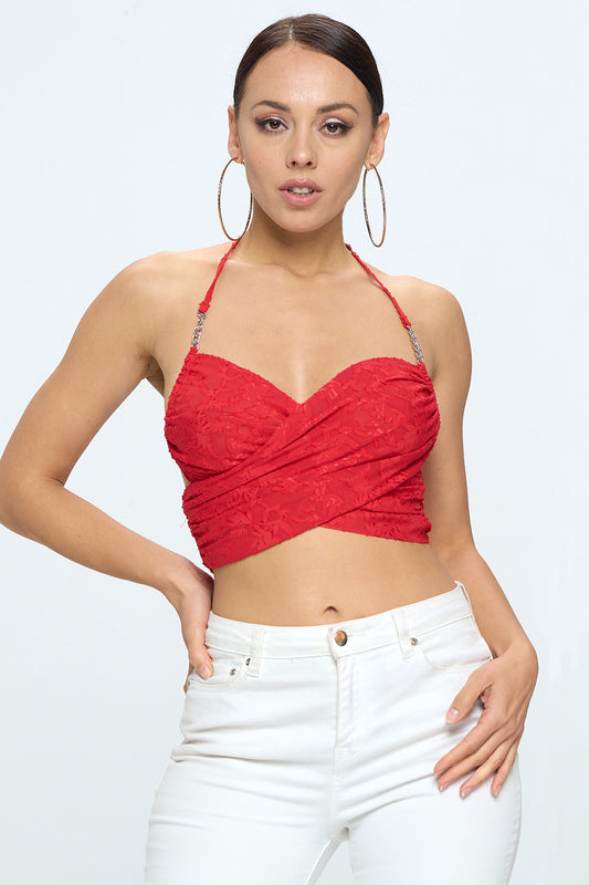 CROSSOVER CHAIN HALTER BACKLESS CROP TOP