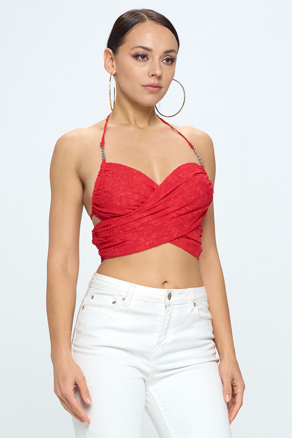 CROSSOVER CHAIN HALTER BACKLESS CROP TOP