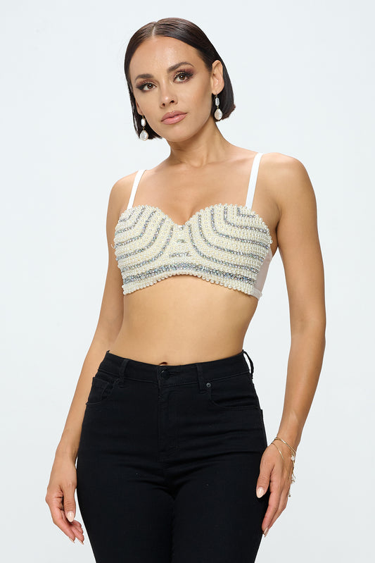 WAVE  RHINESTONE PEARL EMBELLISHED BRALETTE