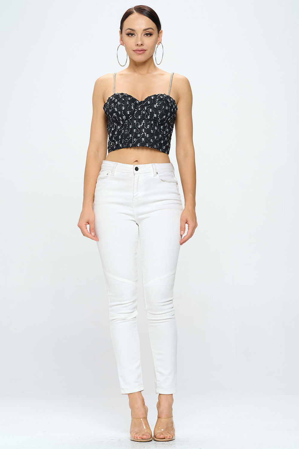 CHAIN STRAP SEQUIN DENIM BUSTIER TOP