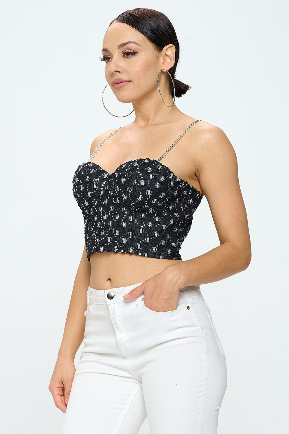 CHAIN STRAP SEQUIN DENIM BUSTIER TOP