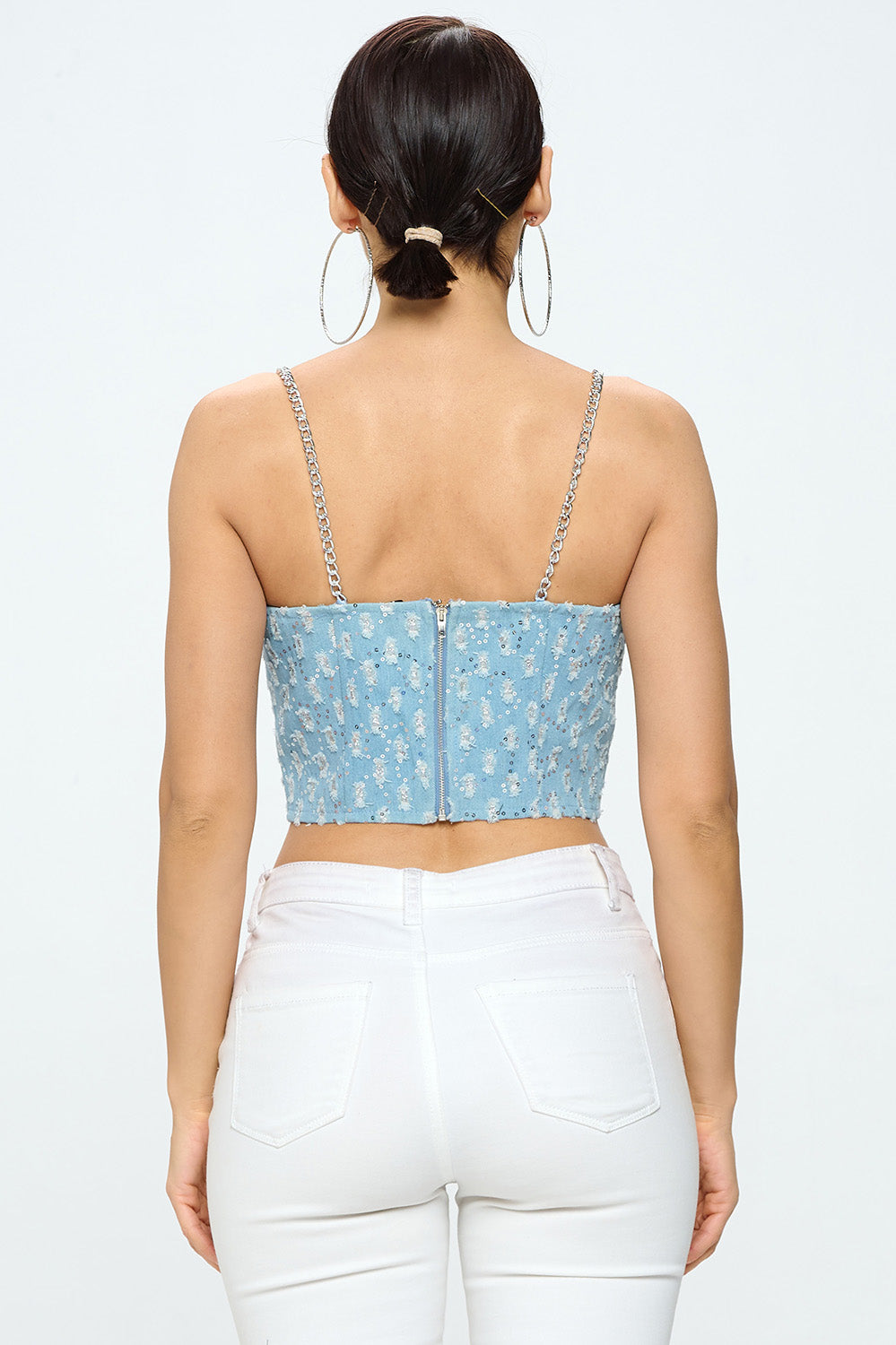 CHAIN STRAP SEQUIN DENIM BUSTIER TOP