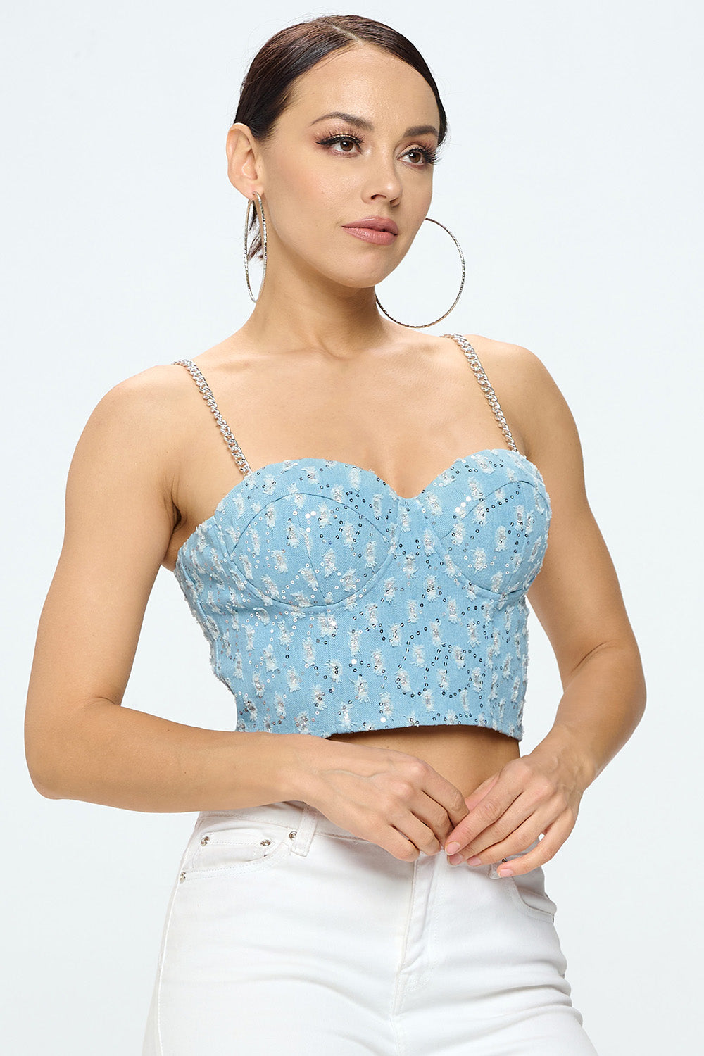 CHAIN STRAP SEQUIN DENIM BUSTIER TOP