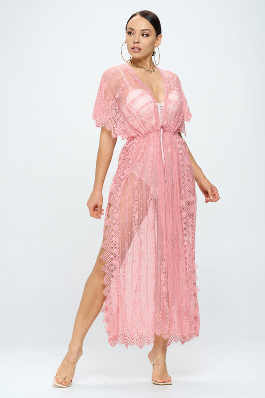 MAXI LACE KIMONO DRAWSTRING COVER UP ROBE