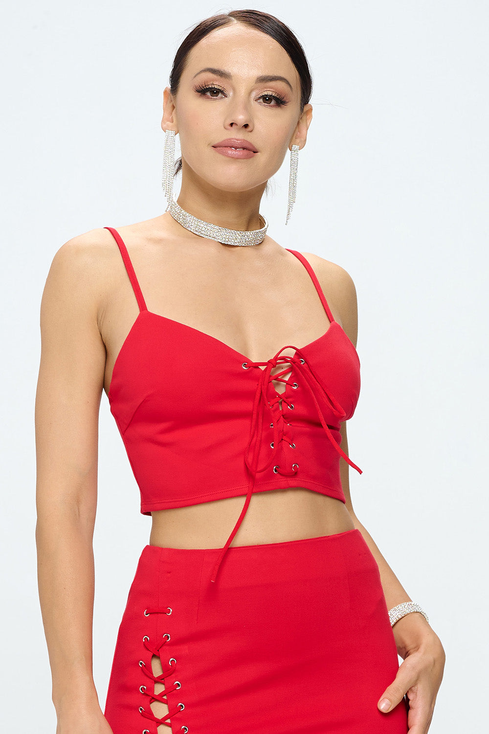 LACE UP FRONT SPAGHETTI STRAP CROP TOP