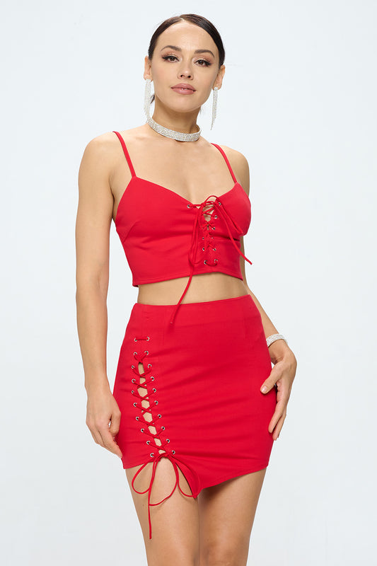 ASYMMETRICAL LACE UP DETAIL CROP TOP AND SKIRT SETS