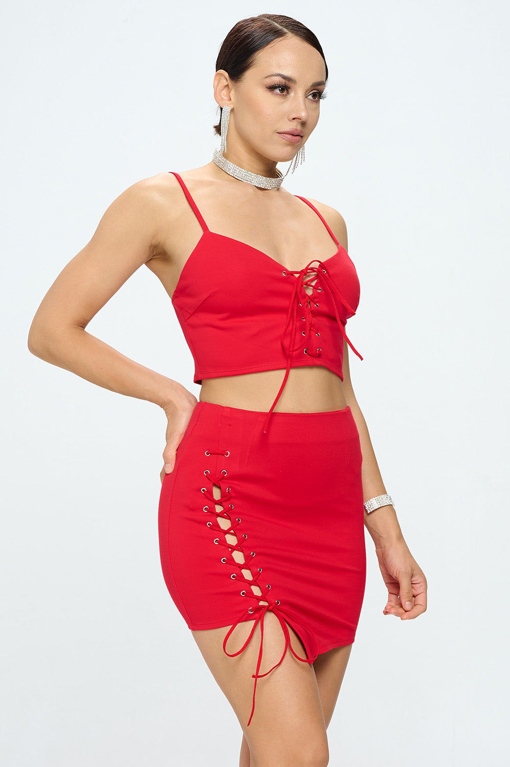 LACE UP FRONT DETAIL CROPPED TANK TOP AND SKIRT SETS