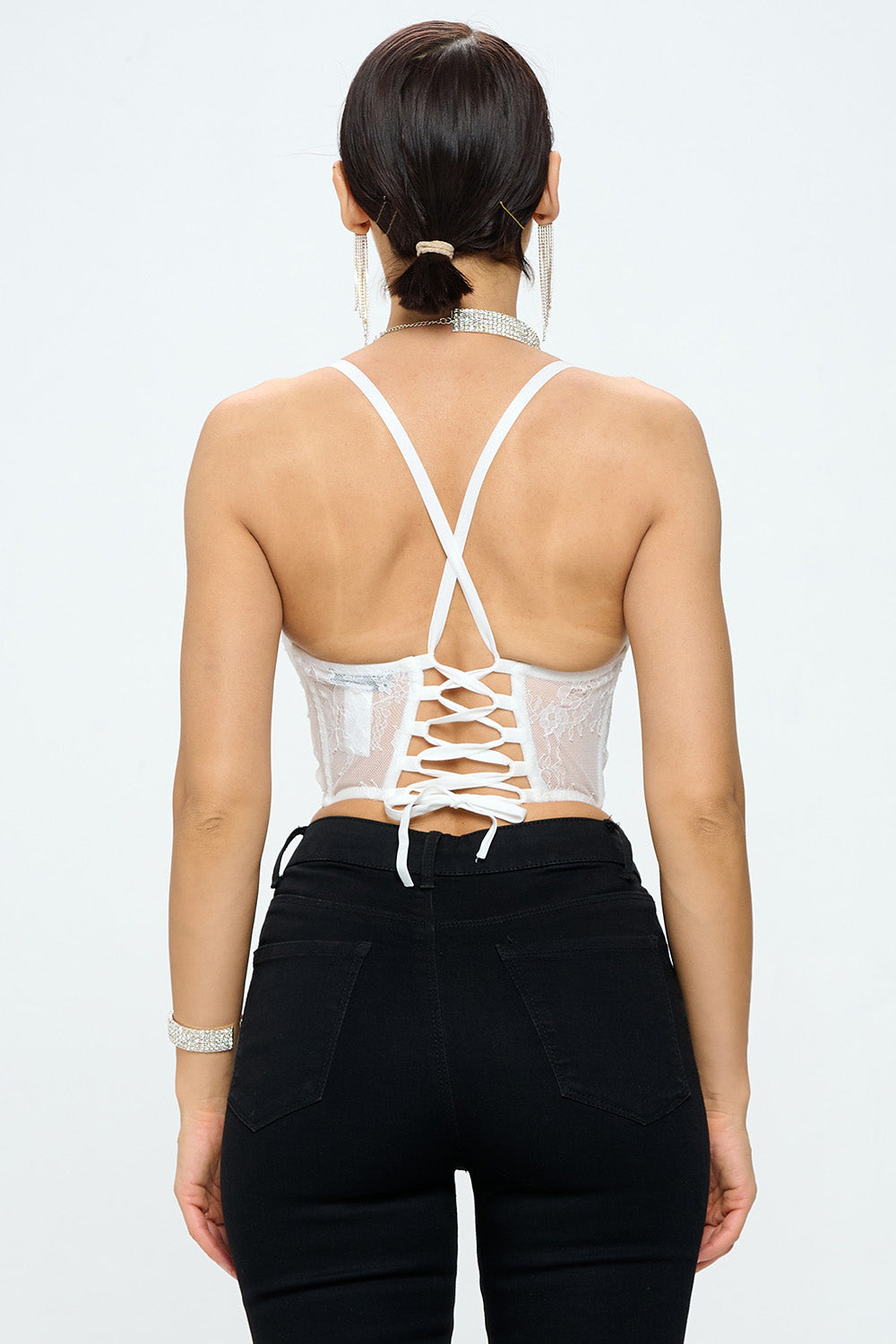 FRONT EYELET CLOSURE LACE UP BACK CORSET CROP TOP
