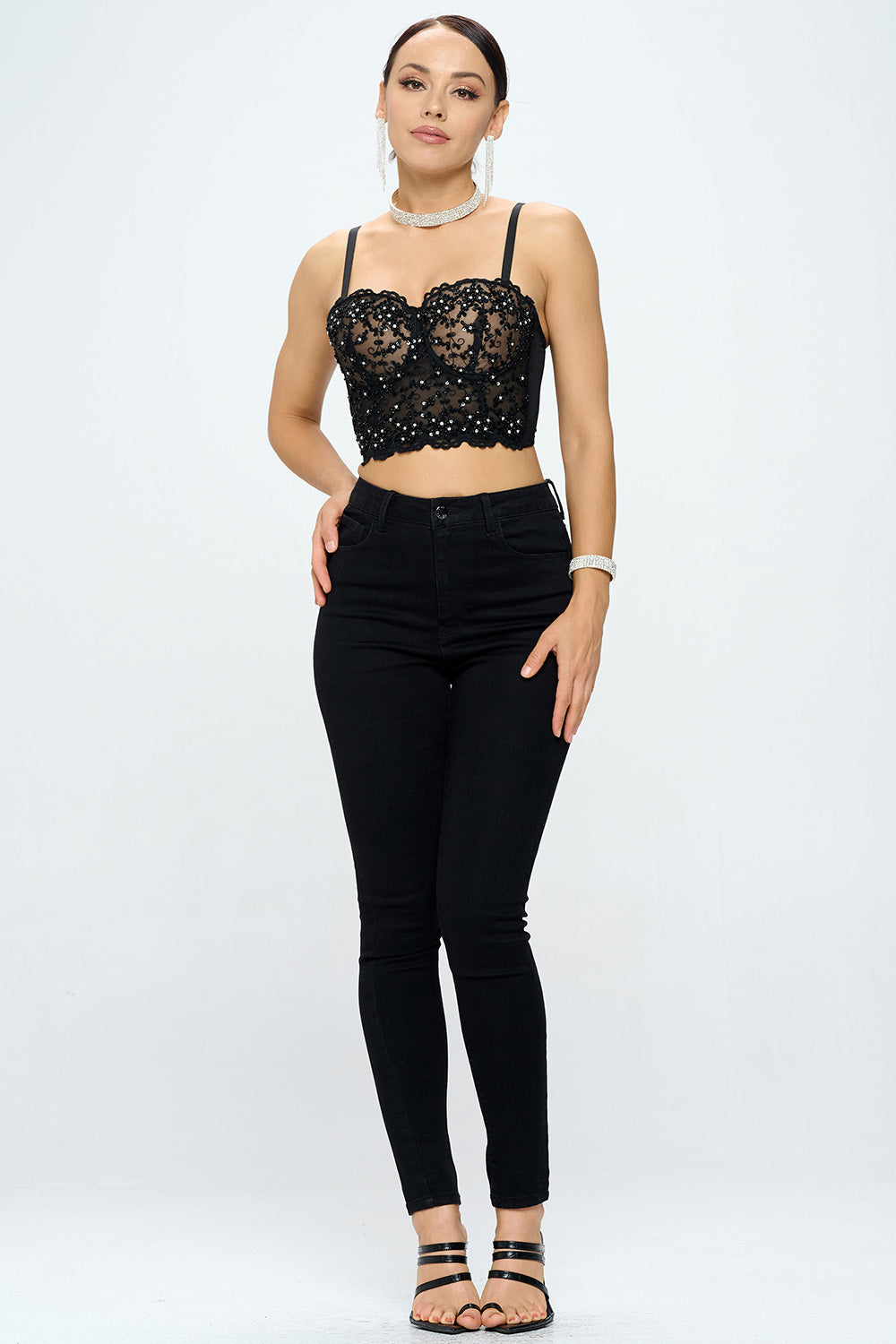 FLOWER BEADING SEQUIN MESH BUSTIER CROP TOP