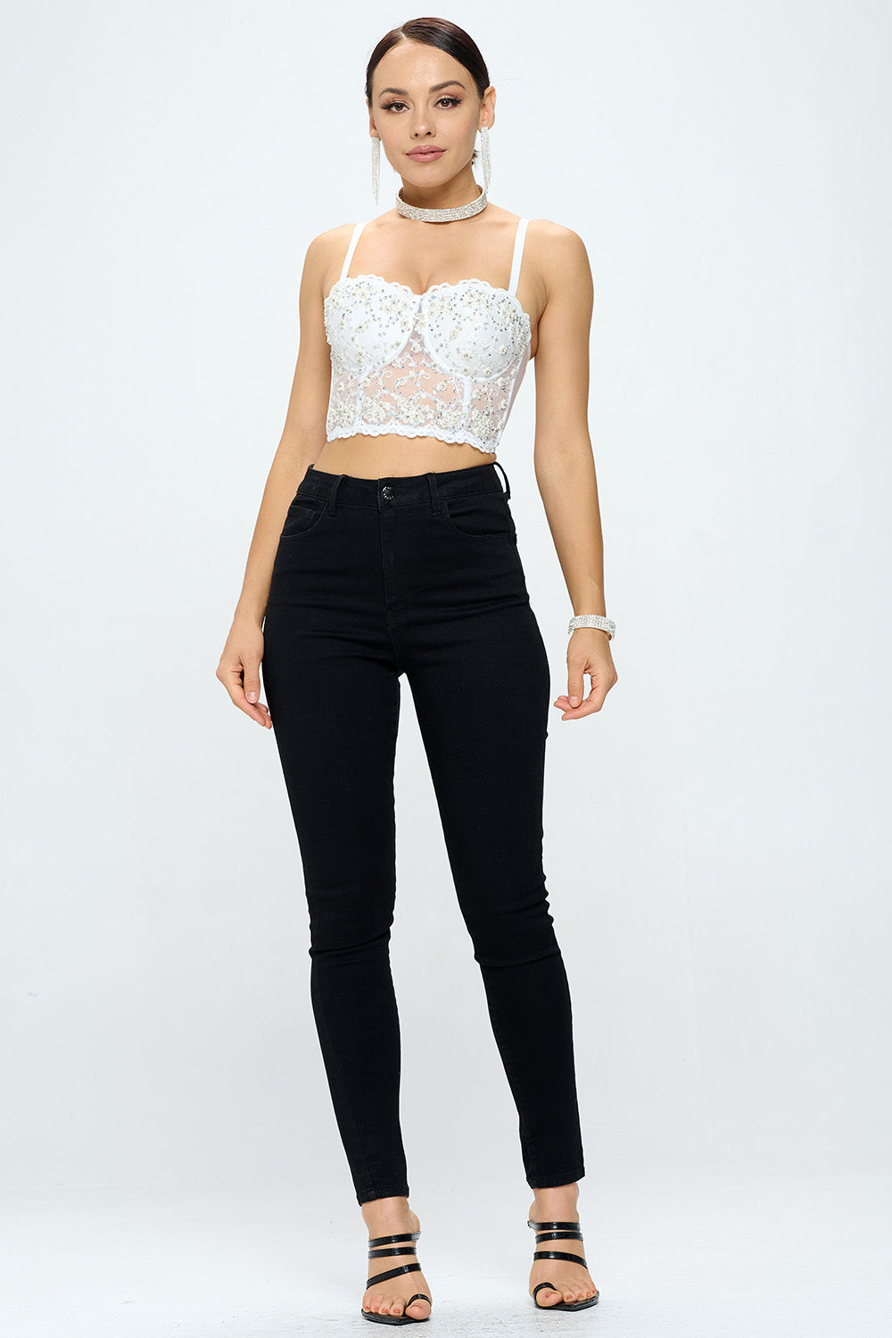 FLOWER BEADING SEQUIN MESH BUSTIER CROP TOP