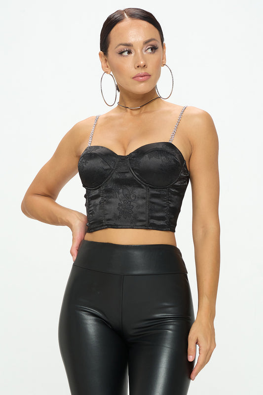CHAIN STRAP SATIN BUSTIER TOP
