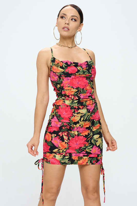 COWL NECK DRAWSTRING RUCHED FLORAL PRINT DRESS