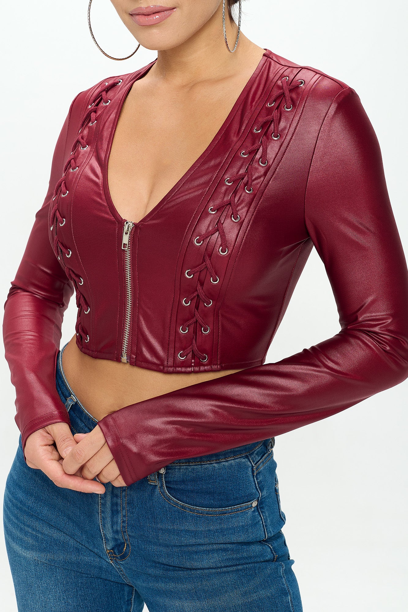 LACE-UP DETAIL ZIP UP LONG SLEEVE CROPPED JACKET