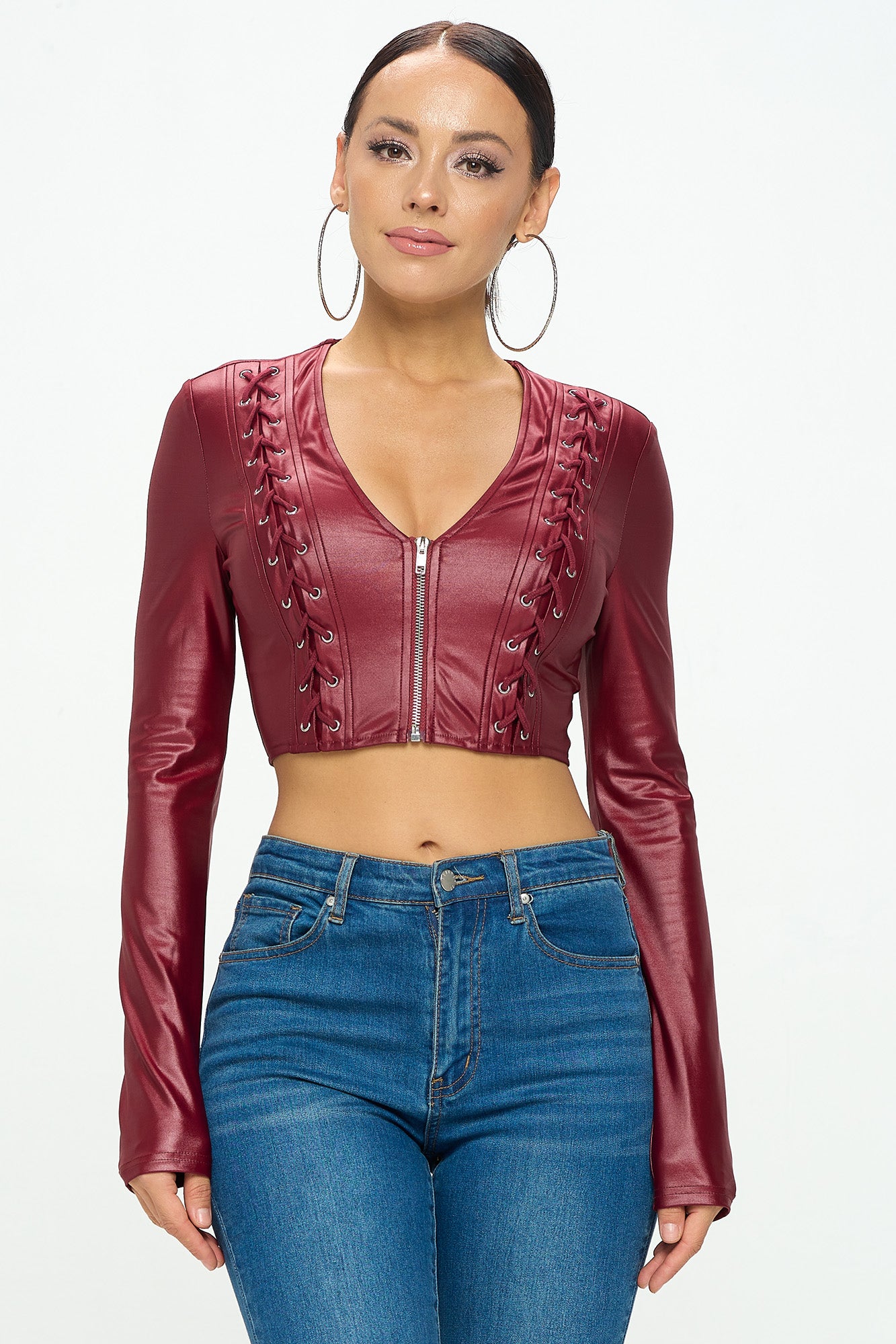 LACE-UP DETAIL ZIP UP LONG SLEEVE CROPPED JACKET