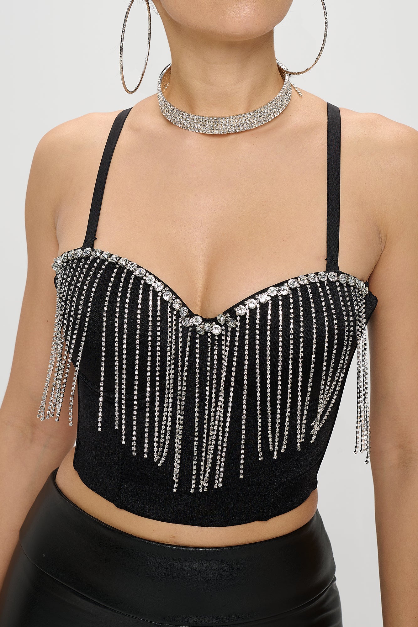 RHINESTONE FRINGE TRIM BUSTIER CROP TOP