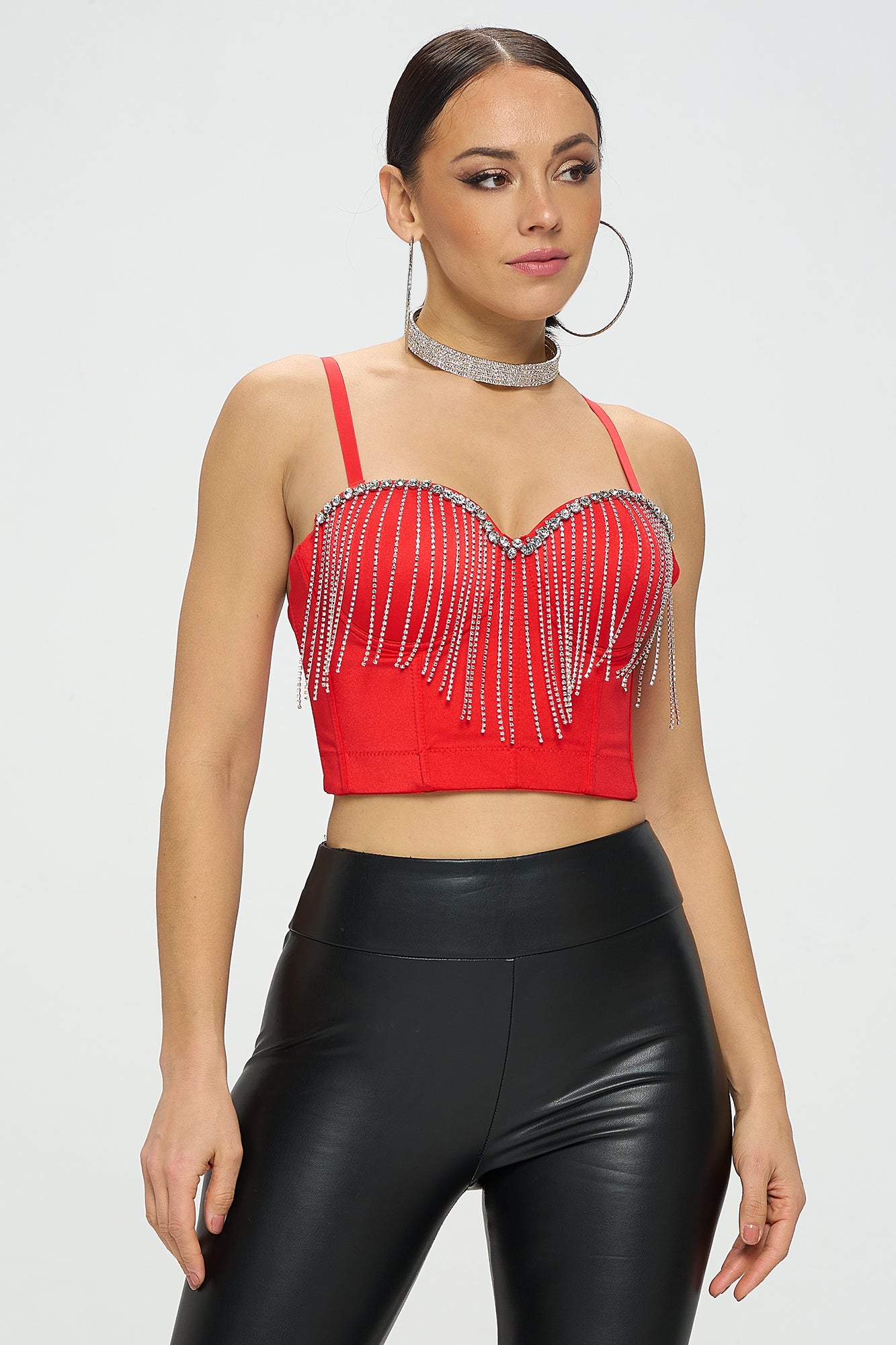 RHINESTONE FRINGE TRIM BUSTIER CROP TOP