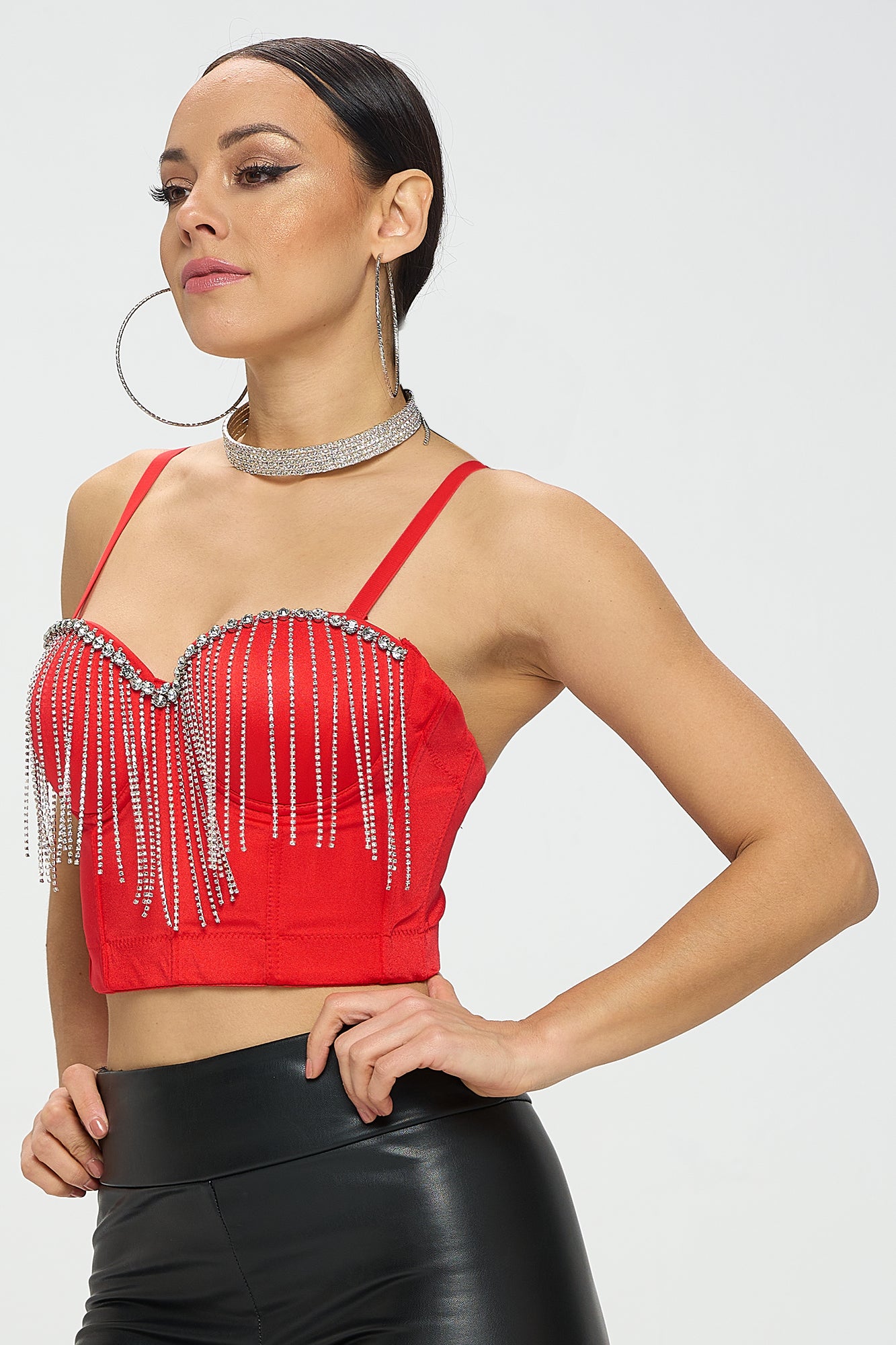 RHINESTONE FRINGE TRIM BUSTIER CROP TOP