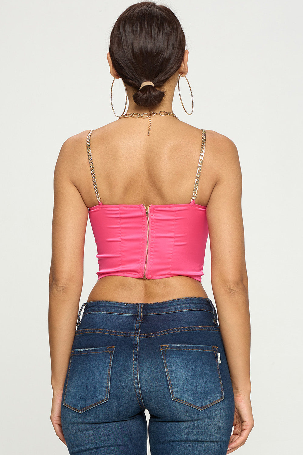 SATIN BUSTIER CROP TOP WITH GOLD CHAIN SHOULDER STRAP