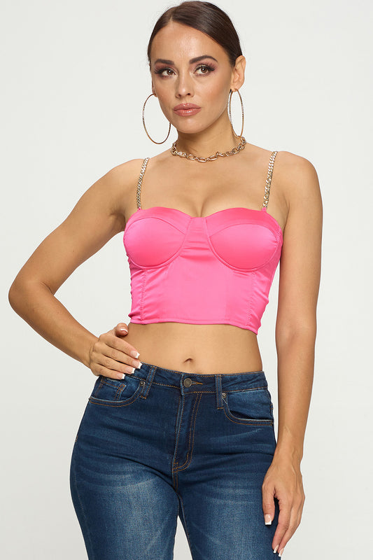 GOLD CHAIN STRAP SATIN SOLID BUSTIER TOP