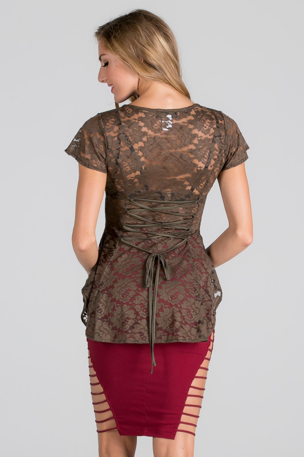 BACK LACE UP DETAIL LACE BLOUSE