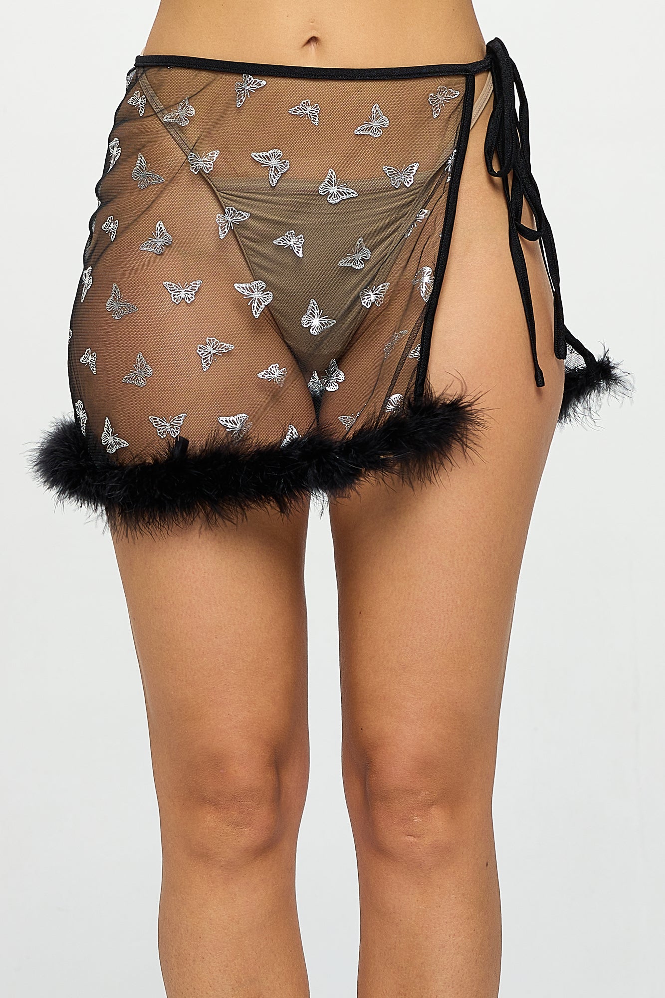 BUTTERFLY GLITTER MESH FEATHER TRIM RAVE MINI SKIRT