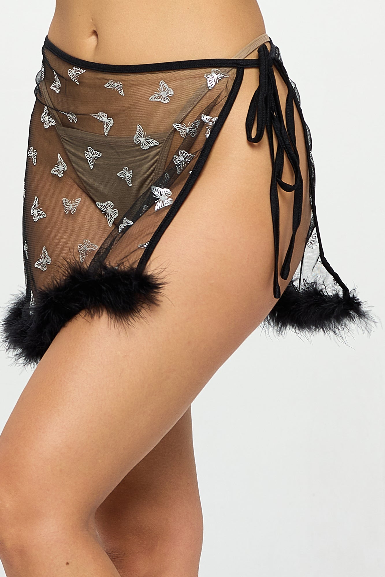 BUTTERFLY GLITTER MESH FEATHER TRIM RAVE MINI SKIRT