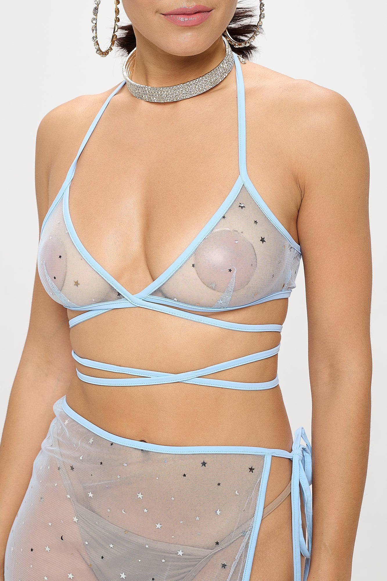 STARS & MOON GLITTER MESH LACE UP HALTER NECK BRALETTE TOP