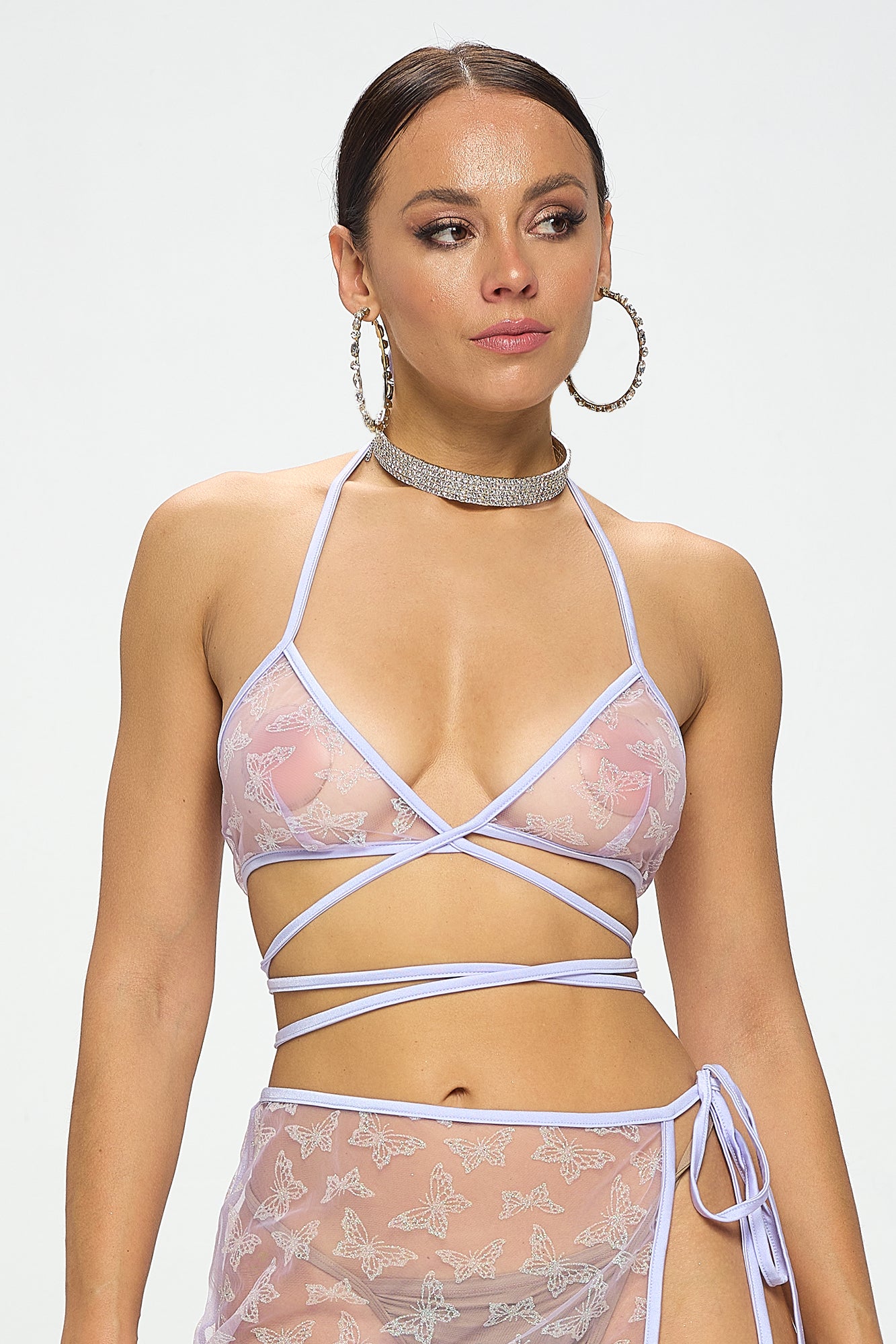 BUTTERFLY GLITTER MESH LACE UP HALTER NECK BRALETTE TOP