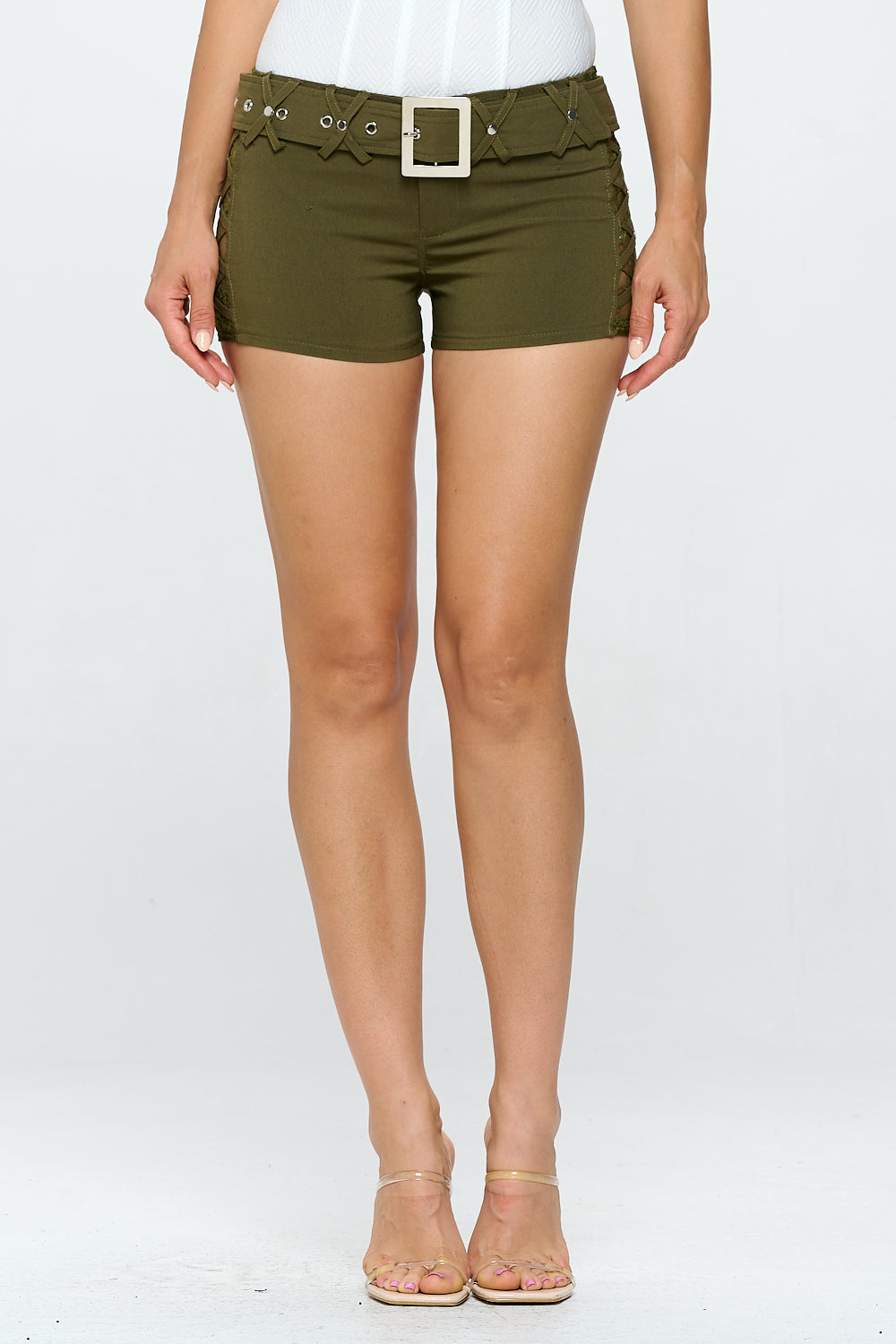SIDE LACE DETAIL BELTED SHORTS