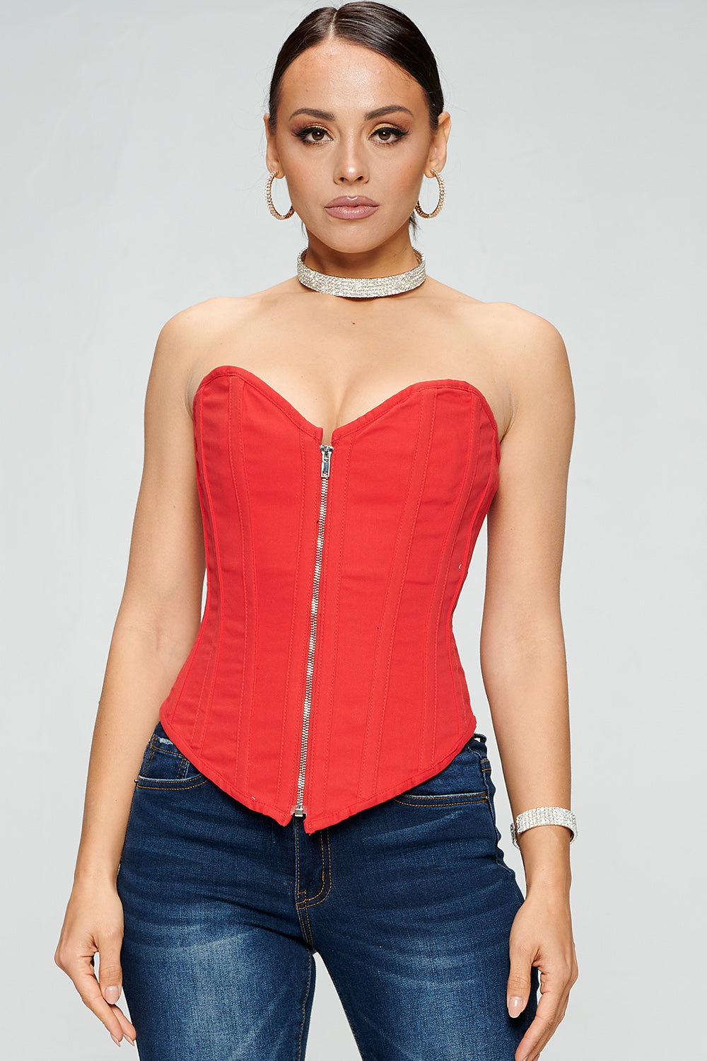 DENIM RIGID ZIP UP FRONT LACE UP CORSET