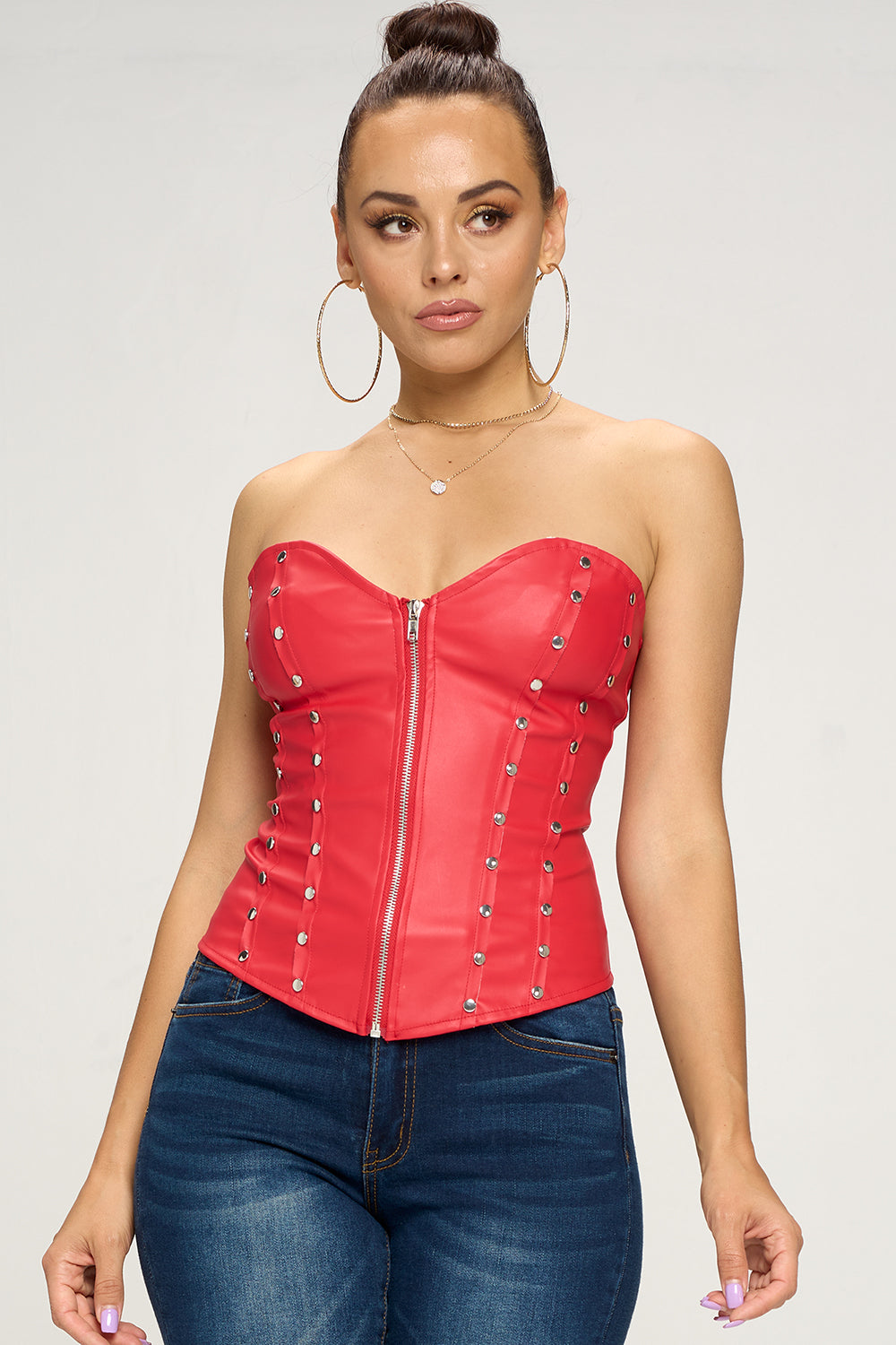 FAUX LEATHER STUD DETAILED ZIP FRONT CORSET TOP