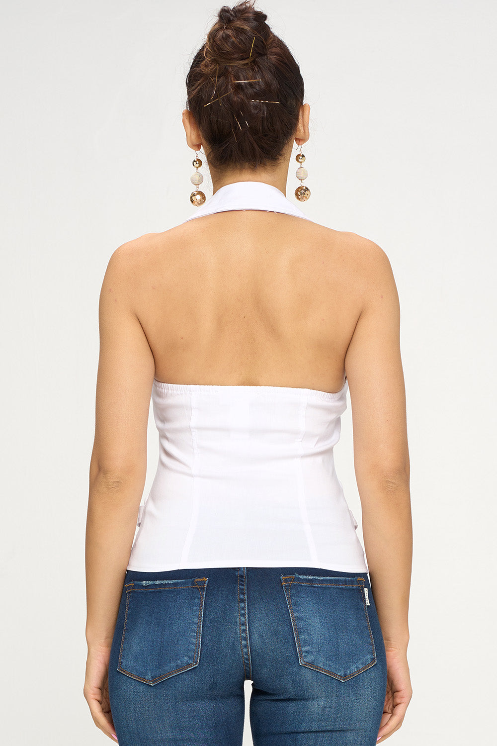 BUCKLE DETAIL ZIPPER FRONT COLLAR HALTER TANK TOP