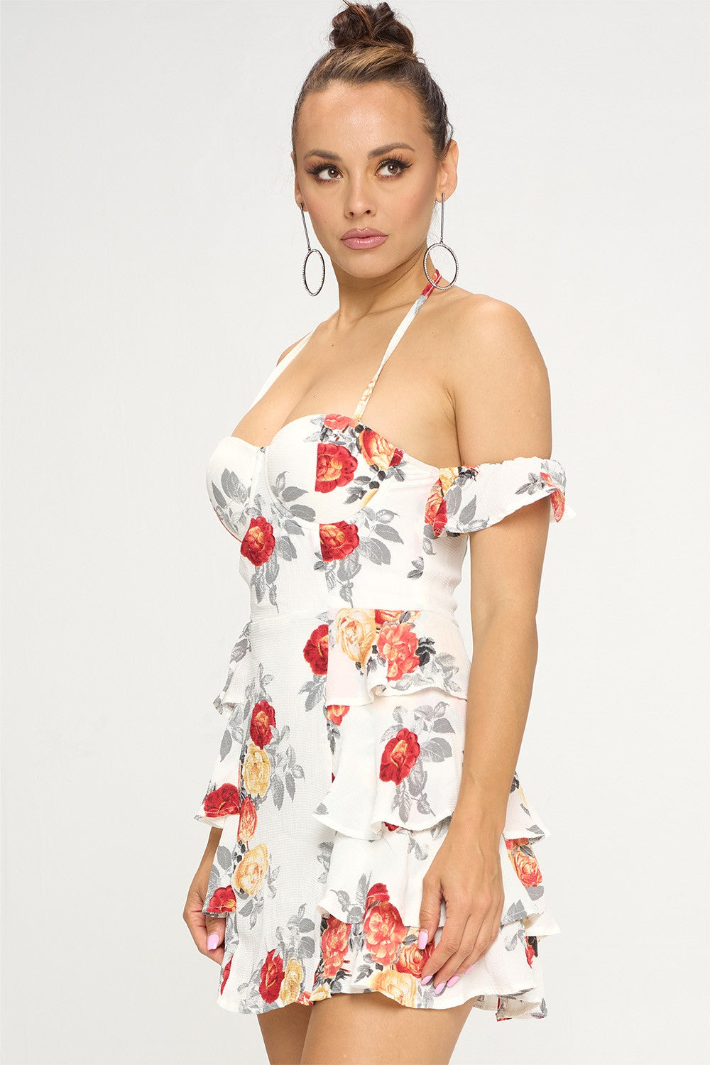 FLORAL RUFFLE TUBE DRESS W/DETACHED FLUTTER SLV